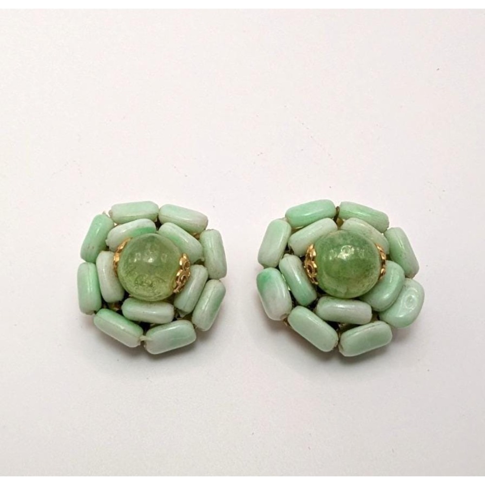 Vintage Green Beaded Flower Cluster Clip On Earrings Signed Hong Kong Dome